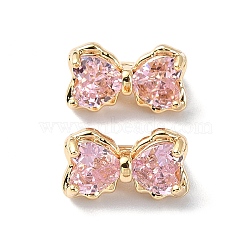 Brass Pave Cubic Zirconia Multi-Strand Links, 3-Hole, Bowknot, Real 18K Gold Plated, Pink, 7x12x7mm, Hole: 1.2mm(FIND-Z029-12C)