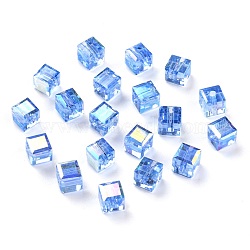 Electroplate Transparent Glass Beads, Faceted Cube, Rainbow Plated, Dodger Blue, 6x6x6mm, Hole: 1.8mm(EGLA-B003-01A-01)