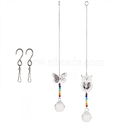 Crystal Ceiling Fan Pull Chains Chakra Hanging Pendants Prism, with Cable Chains, Stainless Steel Swivel Hooks Clips and Velvet Bags, Butterfly & Owl, Colorful, 323~362mm(AJEW-GF0001-27)
