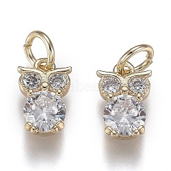 Brass Micro Pave Clear Cubic Zirconia Pendants, Long-Lasting Plated, with Jump Rings, Owl Shape, Real 18K Gold Plated, 12x8x3.5mm, jump ring: 6x1mm, inner diameter: 4mm.(ZIRC-Z003-03G)