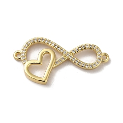 Eco-Friendly Rack Plating Brass Micro Pave Clear Cubic Zirconia Connector Charms, Long-Lasting Plated, Lead Free & Cadmium Free, Infinity with Heart, Real 18K Gold Plated, 15x27.5x3mm, Hole: 1.2mm(KK-F853-25G)