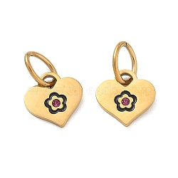 304 Stainless Steel Enamel Pendants, Heart with Flower Charms, with Rhinestone, Ion Plating(IP), Golden, 10.5x10.8x1.4mm, Hole: 6x4mm(SA-CBA49D2-04G)