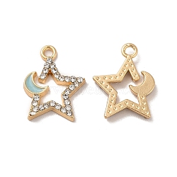 Rack Plating Alloy Rhinestone Pendants, with Enamel, Nickel Free, Star with Moon Charms, Golden, Sky Blue, 17x13x2mm, Hole: 1.6mm(PALLOY-O106-27G-04)