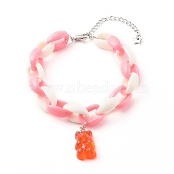 Resin Bear Charm Bracelets, with Acrylic Cable Chains and Alloy Lobster Claw Clasps, Platinum, Coral, Inner Diameter: 2 inch(5cm)(BJEW-JB06281-03)