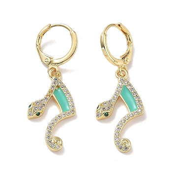 Real 18K Gold Plated Brass Dangle Leverback Earrings, with Enamel and Cubic Zirconia, Musical Note, 37x12.5mm
