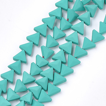 Spray Painted Non-magnetic Synthetic Hematite Beads Strands, Triangle, Light Sea Green, 6x7x3.5mm, Hole: 0.8mm, about 66~70pcs/strand, 15.1 inch~16.3 inch