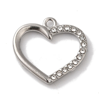 304 Stainless Steel Rhinestone Pendants, Heart Charms, Stainless Steel Color, 15.5x16.5x2mm, Hole: 1.2mm