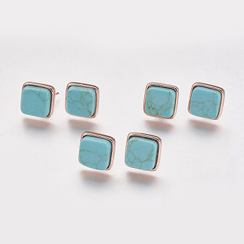 Synthetic Turquoise Stud Earrings, with Brass Findings, Real Rose Gold Plated, Square, 12x12x4.5~6mm, Pin: 1mm