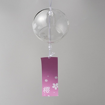 Japanese Glass Round with Sakura Pattern Wind Chimes, Paper Blessing Hanging Pendant, for Garden Patio Balcony Decoration, White, 430mm