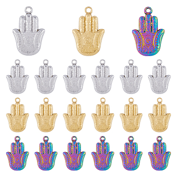 18Pcs 3 Colors 201 Stainless Steel Pendants, Hamsa Hand/Hand of Miriam, Mixed Color, 23.5x15.5x3.5mm, Hole: 1.4mm, 6pcs/color