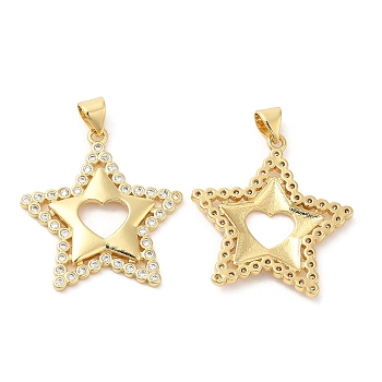 Brass Micro Pave Cubic Zirconia Pendants, Lead Free & Cadmium Free, Star with Heart Charms, Real 18K Gold Plated, 25x27x2.5mm, Hole: 5.3x3.5mm