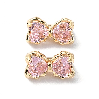 Brass Pave Cubic Zirconia Multi-Strand Links, 3-Hole, Bowknot, Real 18K Gold Plated, Pink, 7x12x7mm, Hole: 1.2mm