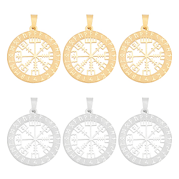 6Pcs 2 Colors 304 Stainless Steel Norse Viking Compass Amulet Pendants, Flat Round, Golden & Stainless Steel Color, 33.5x30x1.5mm, 3pcs/color