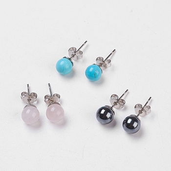 Natural & Synthetic Mixed Stone Stud Earrings, with Brass Findings, Round, 6.5mm, 0.7mm