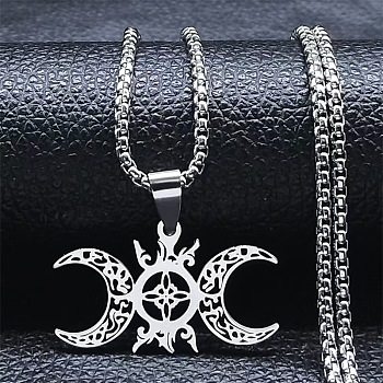 Hollow Out Moon Goddess Stainless Steel Pendant Necklaces for Women, Stainless Steel Color, 23.62 inch(60cm)