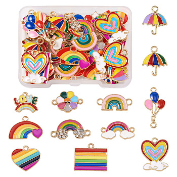 DIY Rainbow Color Pride Jewelry Making Finding Kit, Including 48pcs 12 style Heart & Umbrella & Flower & Balloon Alloy Enamel Pendants & Connector Charms, Mixed Color, 10~26x13.5~24x1~2.5mm, Hole: 1.4~2.5mm, 4Pcs/style