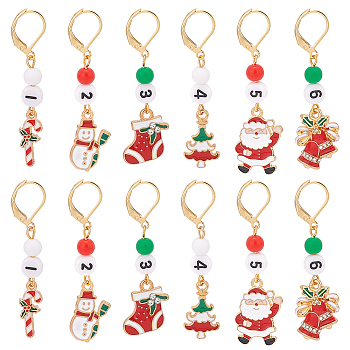 Christmas Theme Alloy Enamel with Rhinestone Pendant Stitch Markers, with Acrylic Beads, Crochet Leverback Hoop Charms, Locking Stitch Marker with Wine Glass Charm Ring, Mixed Color, 5~5.5cm, 6 style, 2pcs/style, 12pcs/set