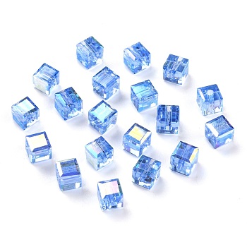 Electroplate Transparent Glass Beads, Faceted Cube, Rainbow Plated, Dodger Blue, 6x6x6mm, Hole: 1.8mm