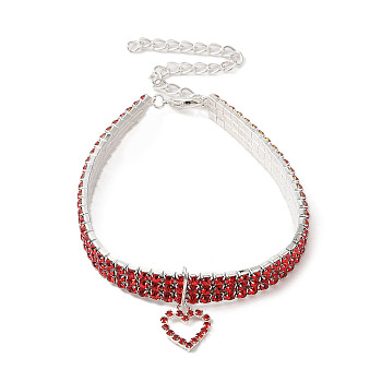 Adjustable 3-Row Iron Rhinestone Cup Chain Pet Collars, Slider Heart Pendant Cat Dog Choker Necklace, Light Siam, 258mm