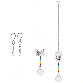 Crystal Ceiling Fan Pull Chains Chakra Hanging Pendants Prism, with Cable Chains, Stainless Steel Swivel Hooks Clips and Velvet Bags, Butterfly & Owl, Colorful, 323~362mm