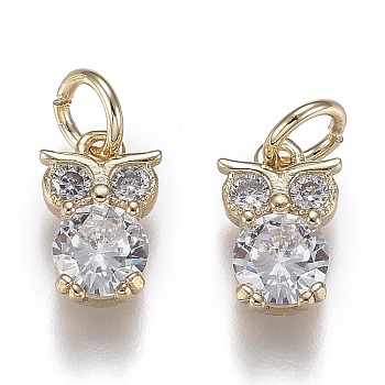 Brass Micro Pave Clear Cubic Zirconia Pendants, Long-Lasting Plated, with Jump Rings, Owl Shape, Real 18K Gold Plated, 12x8x3.5mm, jump ring: 6x1mm, inner diameter: 4mm.