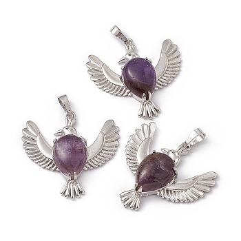 Natural Amethyst Pendants, Bird Charms, with Platinum Tone Brass Findings, Cadmium Free & Nickel Free & Lead Free, 36~37x37.5~38.5x9~9.5mm, Hole: 7.5x5mm