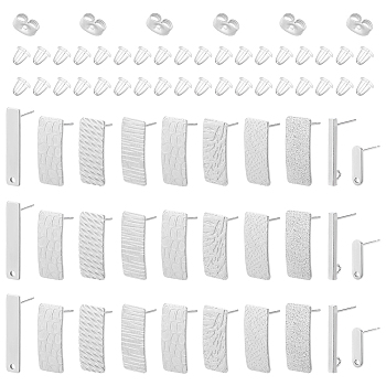 Elite 60Pcs 10 Style Rectangle Shape 201 & 304 Stainless Steel Stud Earring Finding, with Vertical Loops & 100Pcs Plastic Ear Nuts, Stainless Steel Color, 12~25x2~8.5mm, Hole: 1~2.5mm, Pin: 0.7~0.8mm, 6Pcs/style