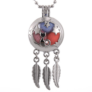 Alloy Diffuser Locket Pendants, with Cat and Star Pattern, Excluding Chain, Woven Net/Web with Feather, Platinum, 55x24mm