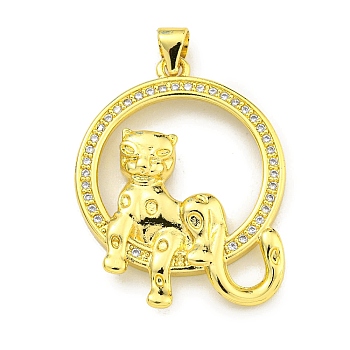 Brass Micro Pave Cubic Zirconia Pendants, Ring with Leopard Charms, Real 18K Gold Plated, 30.5x23.8x3mm, Hole: 4x3mm