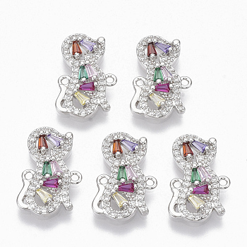 Brass Micro Pave Cubic Zirconia Links connectors, Dog, Colorful, Platinum, 19x11.5x3mm, Hole: 1.2mm