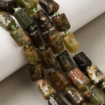 Natural Green Garnet Beads Strands, Column, Faceted, with Seed Beads, 10.5~12.5x7~7.5mm, Hole: 1mm, about 14~15pcs/strand, 7.48''~7.89''(19~20.05cm)