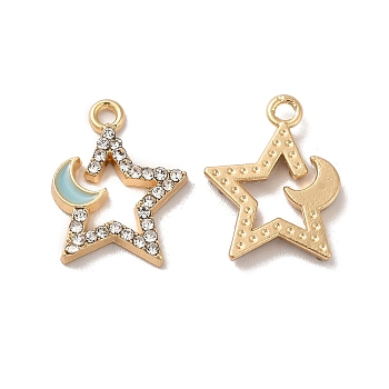 Rack Plating Alloy Rhinestone Pendants, with Enamel, Nickel Free, Star with Moon Charms, Golden, Sky Blue, 17x13x2mm, Hole: 1.6mm