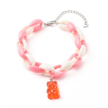 Resin Bear Charm Bracelets, with Acrylic Cable Chains and Alloy Lobster Claw Clasps, Platinum, Coral, Inner Diameter: 2 inch(5cm)