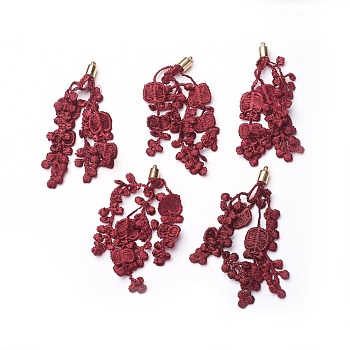 CCB Plastic Big Pendants, with Lace, Flower, Golden, Dark Red, 70~90x6mm, Hole: 1.6mm