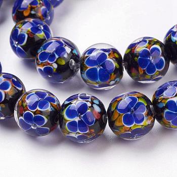 Handmade Inner Flower Lampwork Beads Strands, Round, Medium Blue, 12mm, Hole: 2mm, 30pcs/strand, 12.3 inch