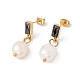 Jet Rhinestone Rectangle with Natural Pearl Dangle Stud Earrings(EJEW-E264-04)-2