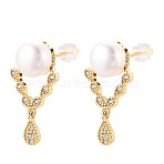 Teardrop Brass Micro Pave Clear Cubic Zirconia Dangle Stud Earrings, with Natural Pearl & 925 Sterling Silver Pins, Long-Lasting Plated, Real 18K Gold Plated, 22x12.5mm(PEAR-N017-07G)