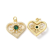 Rack Plating Brass Cubic Zirconia Pendants, with Jump Ring, Lead Free & Cadmium Free, Long-Lasting Real 18K Gold Plated, Heart with Flower Charm, Dark Green, 20x19x4.5mm, Hole: 3.5mm(KK-D074-07G)