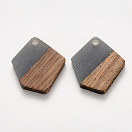 Transparent Resin & Walnut Wood Pendants, Waxed, Polygon, Gray, 20.5x18.5x3~4mm, Hole: 2mm(RESI-S384-003A-B01)