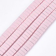 Spray Painted Non-magnetic Synthetic Hematite Multi-Strand Links, Two Hole Carrier Beads, For Tile Elastic Bracelets Making, Rectangle, Pink, 2x5x2mm, Hole: 0.6mm, about 170pcs/strand, 15.9 inch(G-T124-05F)