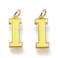 Brass Enamel Pendants, with Jump Ring, Long-Lasting Plated, Real 18K Gold Plated, Letter.I, Champagne Yellow, Letter.I, I: 18x6.5x1.8mm, Jump Rings: Inner Diameter: 3mm(KK-R139-02I)