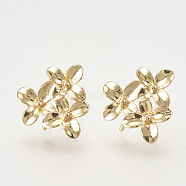 Brass Ear Stud Findings, with Loop, Flower, Nickel Free, Real 18K Gold Plated, 14.5x15mm, Hole: 1mm, Pin: 0.8mm(X-KK-T027-108G)