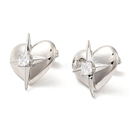 Rack Plating Brass Heart with Star Stud Earrings with Clear Cubic Zirconia Earring for Women, Lead Free & Cadmium Free, Platinum, 20x19.5mm(EJEW-A101-05P)