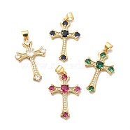 Rack Plating Brass Micro Pave Cubic Zirconia Pendants, Long-Lasting Plated, Lead Free & Cadmium Free, Cross Charm, Real 18K Gold Plated, Mixed Color, 30x19x3.5mm, Hole: 4X5mm(KK-K165-08G)