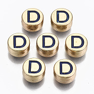 Alloy Enamel Beads, Cadmium Free & Lead Free, Flat Round with Initial Letters, Light Gold, Prussian Blue, Letter.D, 8x4mm, Hole: 1.5mm(X-ENAM-S122-029D-RS)