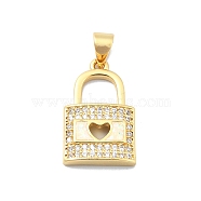 Brass Micro Pave Clear Cubic Zirconia Pendants, with Sythetic Opal, Lock with Gollow Heart, Real 18K Gold Plated, 20x12.5x3.5mm, Hole: 4x3.5mm(KK-A221-10G)