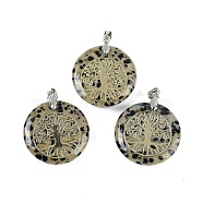 Natural Dalmatian Jasper Flat Round Pendants, Tree of Life Charms with Rack Plating Platinum Tone Brass Snap on Bails, Cadmium Free & Lead Free, 30.5~32x25~25.5x6.5~7.5mm, Hole: 4.5x3.5mm(G-Q188-01P-14)