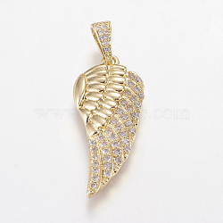 Brass Micro Pave Cubic Zirconia Pendants, Wing, Nickel Free & Lead Free & Cadmium Free, Golden, 34x14x4.5mm, Hole: 4x6mm(X-ZIRC-L067-22-G-NR)