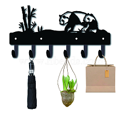 Iron Wall Mounted Hook Hangers, Decorative Organizer Rack with 6 Hooks, for Bag Clothes Key Scarf Hanging Holder, Pandas and Bamboos, Gunmetal, 18x35cm(AJEW-WH0156-008)