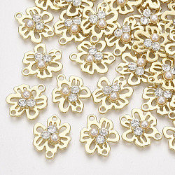 Alloy Links connectors, with Crystal Rhinestone and ABS Plastic Imitation Pearl, Flower, Light Gold, 17x14x4mm, Hole: 1.4~1.6mm(X-PALLOY-S125-028)